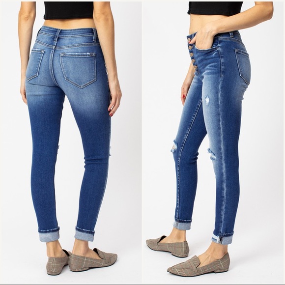 High Rise Button Fly Skinny Jeans - Picture 4 of 7